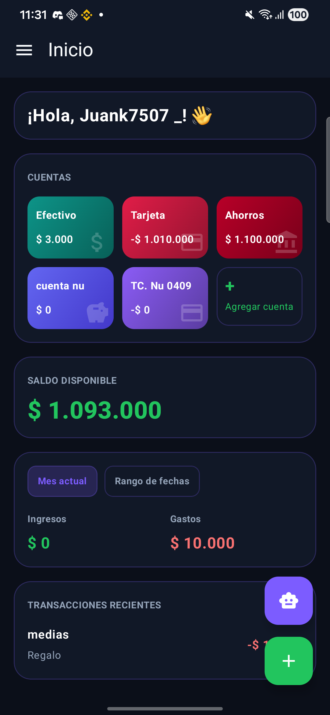 Pantalla de inicio de Mis Finanzas